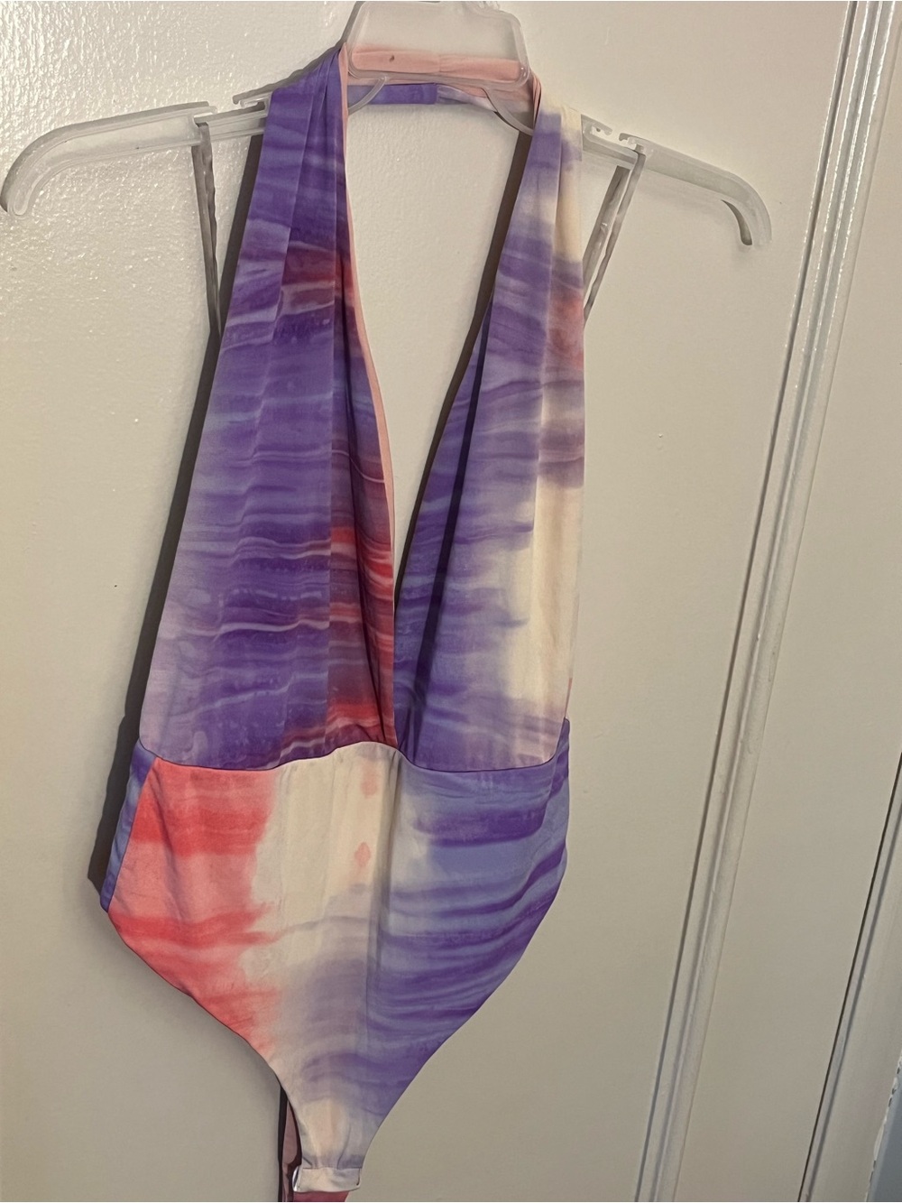 Watercolor Halter One-Piece bodysuit in Purple & Coral.